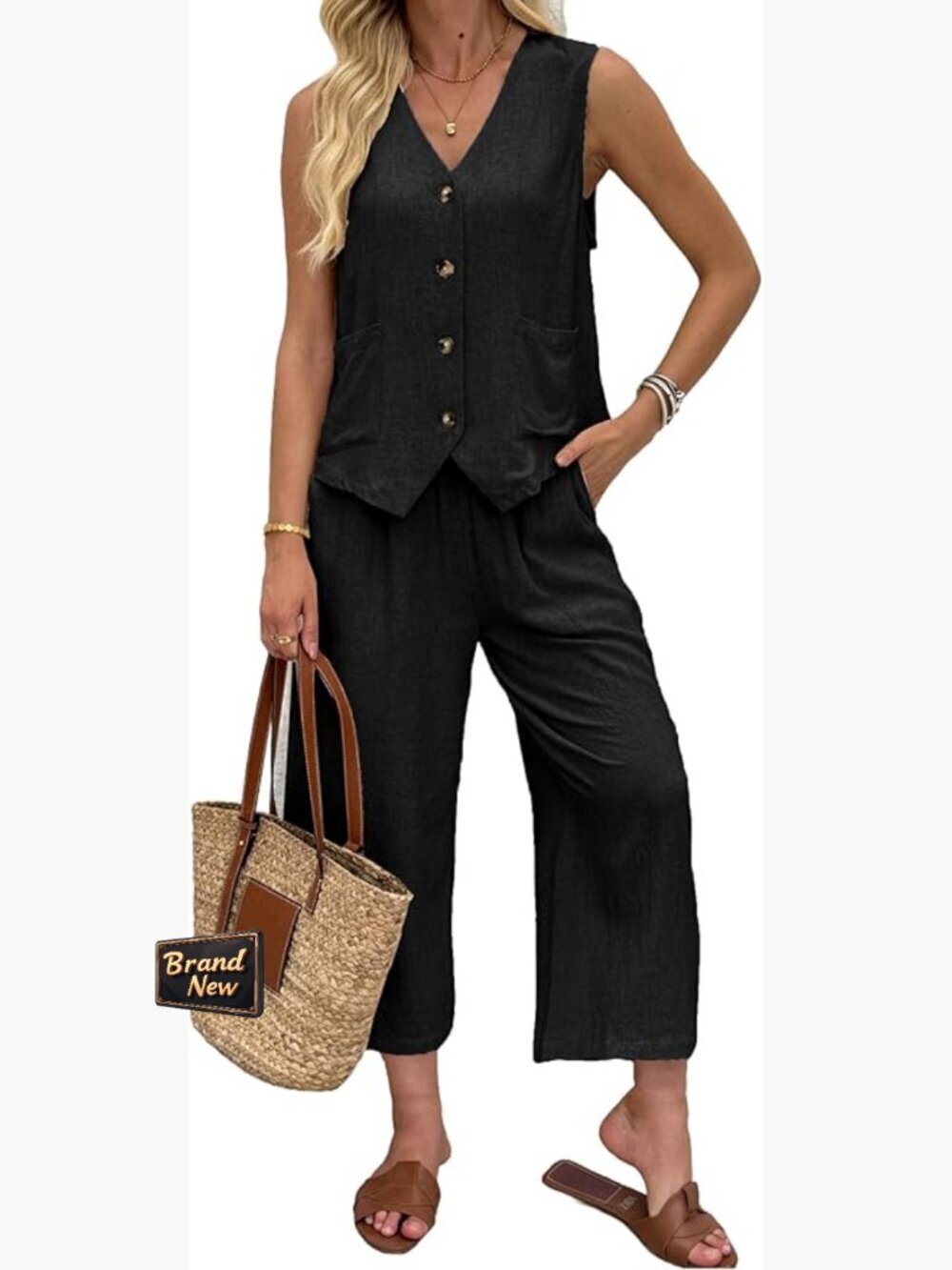 Linen 2 Piece Set Vest and Capri Pants Summer Vacation Outfit